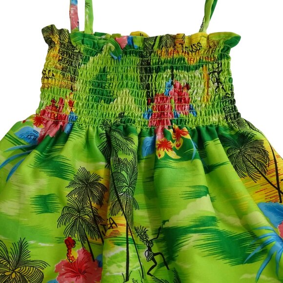 Revue Jamaica Tropical Smocked Green Sundress Dress Girls Size S Spaghetti Strap - Picture 2 of 7
